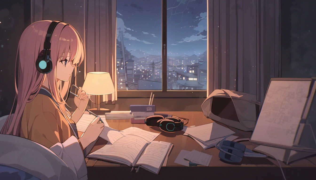Beautiful girl studying while listening to music with headphones in her room at night You can see the night view outside the window. warm atmosphere Japanese anime style