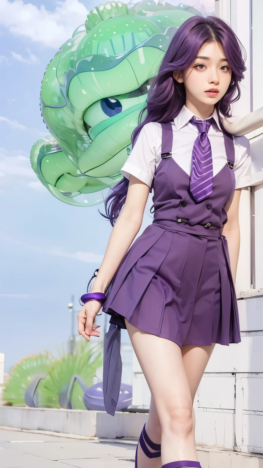 Preety woman, jelly fish style hair, purple hair,Wearing a purple tie and purple shirt ( purple eyes 2.1 ) , The facial expression looked worried , pink lips