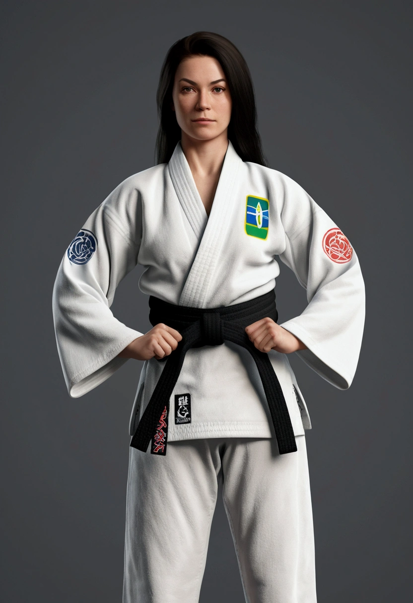 white woman, with kimono of brazilian jiu-jitsu, white belt, with parallel arms, woman in a standing position, soft and friendly face Children's studies, 8k, hyper realistic, detailed.