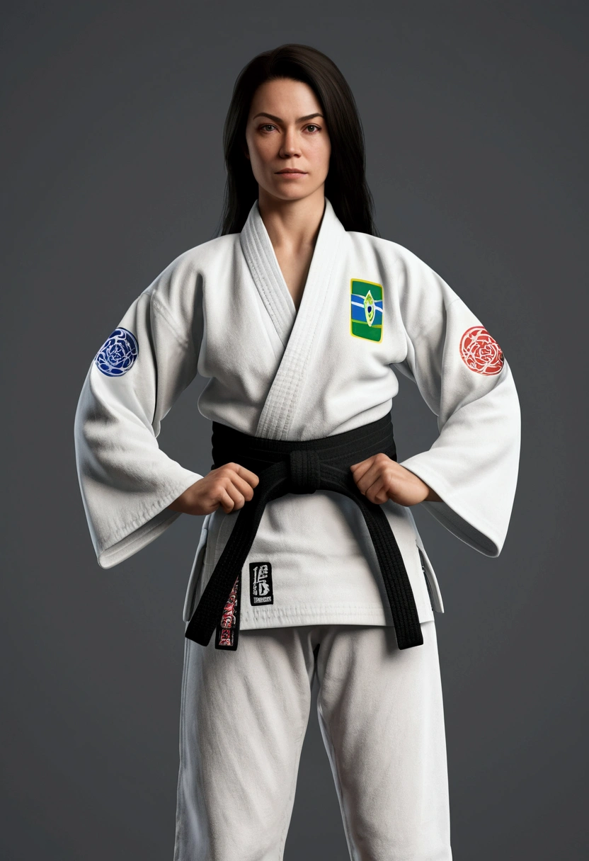 white woman, with kimono of brazilian jiu-jitsu, white belt, with parallel arms, woman in a standing position, soft and friendly face Children's studies, 8k, hyper realistic, detailed.