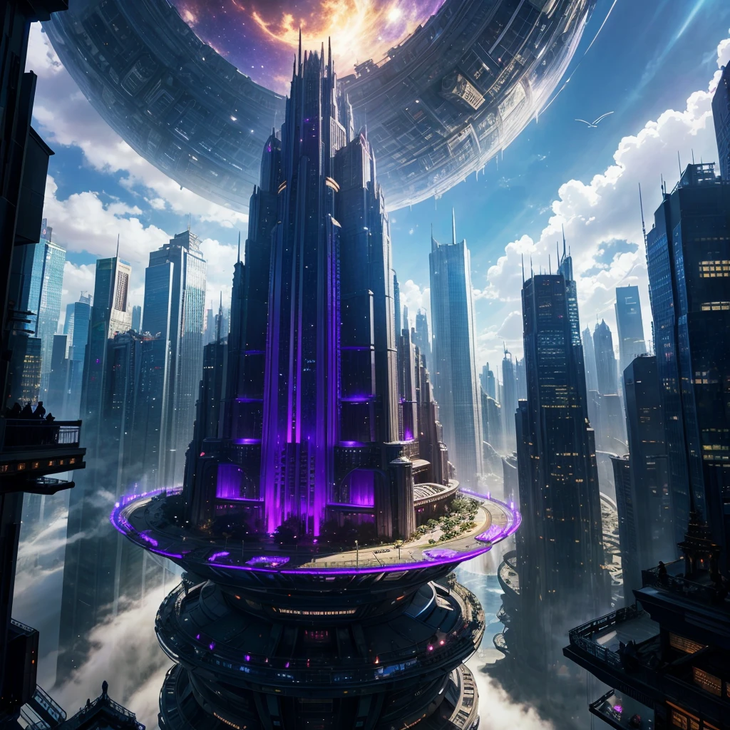 A huge fantastical sci-fi city, aether city, floating aerial metropolis,Glass skyscrapers、Anime Art,cyber punk,SF,Daytime,Huge construction,Super huge waterfall,Super huge temple,Super huge torii,mysteriouultidimensional,High Dimension,Fantasy, towering skyscrapers, massive waterfall, celestial planets in the sky, surrounded by clouds, cosmic architecture, violet energy scars around, central massive castle, astral sky