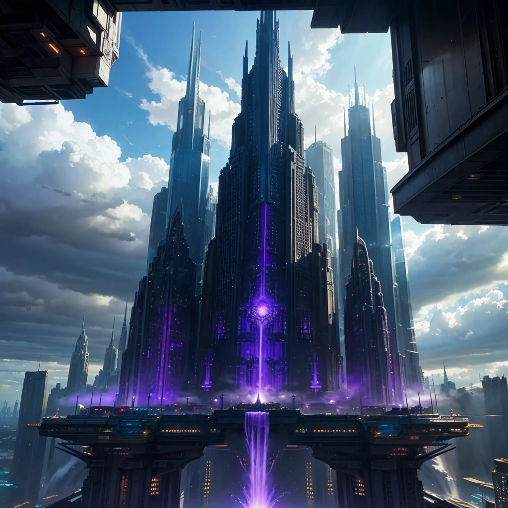 A huge fantastical sci-fi city, aether city, floating aerial metropolis，Glass skyscrapers、Anime Art，cyber punk，ＳＦ，Daytime，Huge construction，Super huge waterfall，Super huge temple，Super huge torii，mysteriouultidimensional，High Dimension，Fantasy， towering skyscrapers, massive waterfall, celestial planets in the sky, surrounded by clouds, cosmic architecture, violet energy scars around, central massive castle, astral sky
