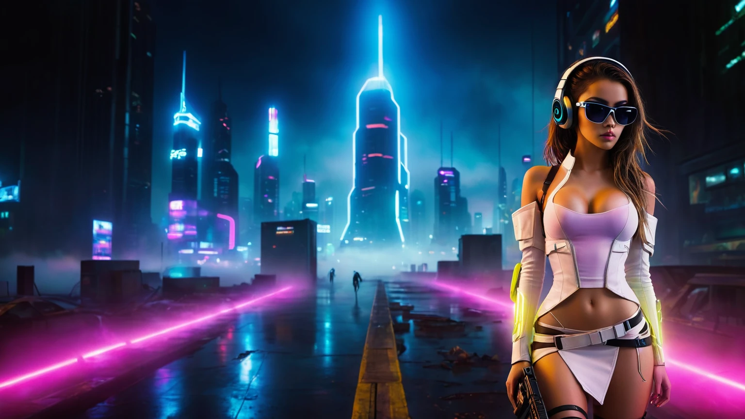 dark futuristic landscape, at night, neon lights, Atmospheric fog, large buildings in the background, futuristic city, streets with open shops, skyscraper (postapocalyptic city:1.3). (((1girl, solo, alone))), large-breast:1.2 slim body, cleavage:1.1, sexy miniskirt, (((headphone, black sunglasses, standing and holding pistol pose))), (((half-body thigh level medium shot))), cinematic lighting, lens flare, ray tracing.