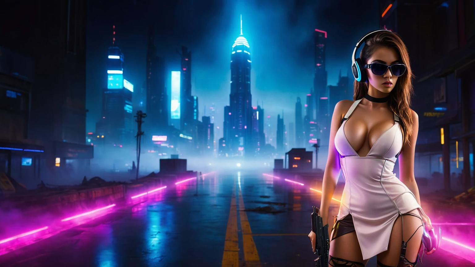 dark futuristic landscape, at night, neon lights, Atmospheric fog, large buildings in the background, futuristic city, streets with open shops, skyscraper (postapocalyptic city:1.3). (((1girl, solo, alone))), large-breast:1.2 slim body, cleavage:1.1, sexy miniskirt, (((headphone, black sunglasses, standing and holding pistol pose))), (((half-body thigh level medium shot))), cinematic lighting, lens flare, ray tracing.