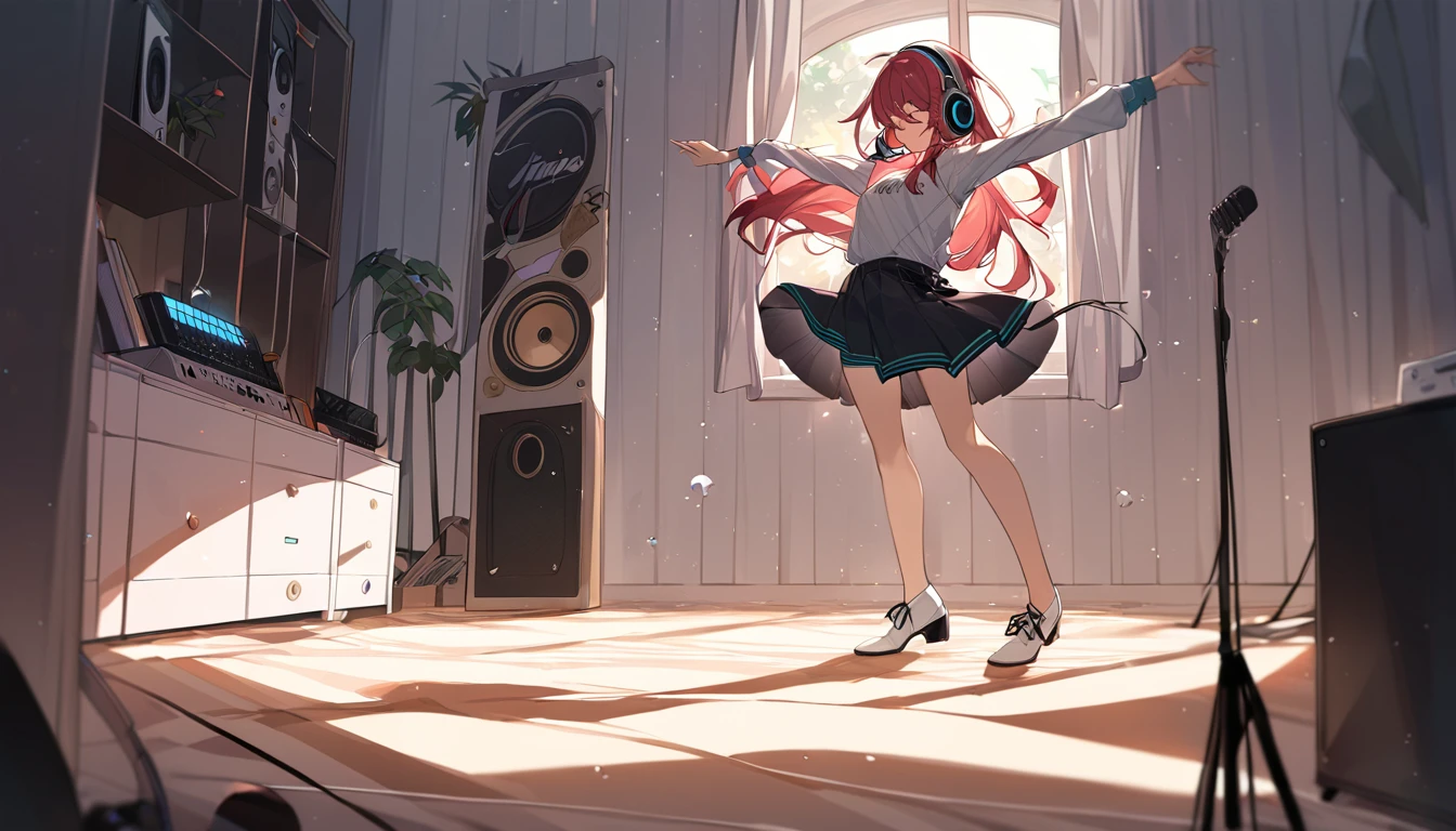 A girl dancing solo with headphones on in her room - "Solo jam session",chat ear、Dancing Girl