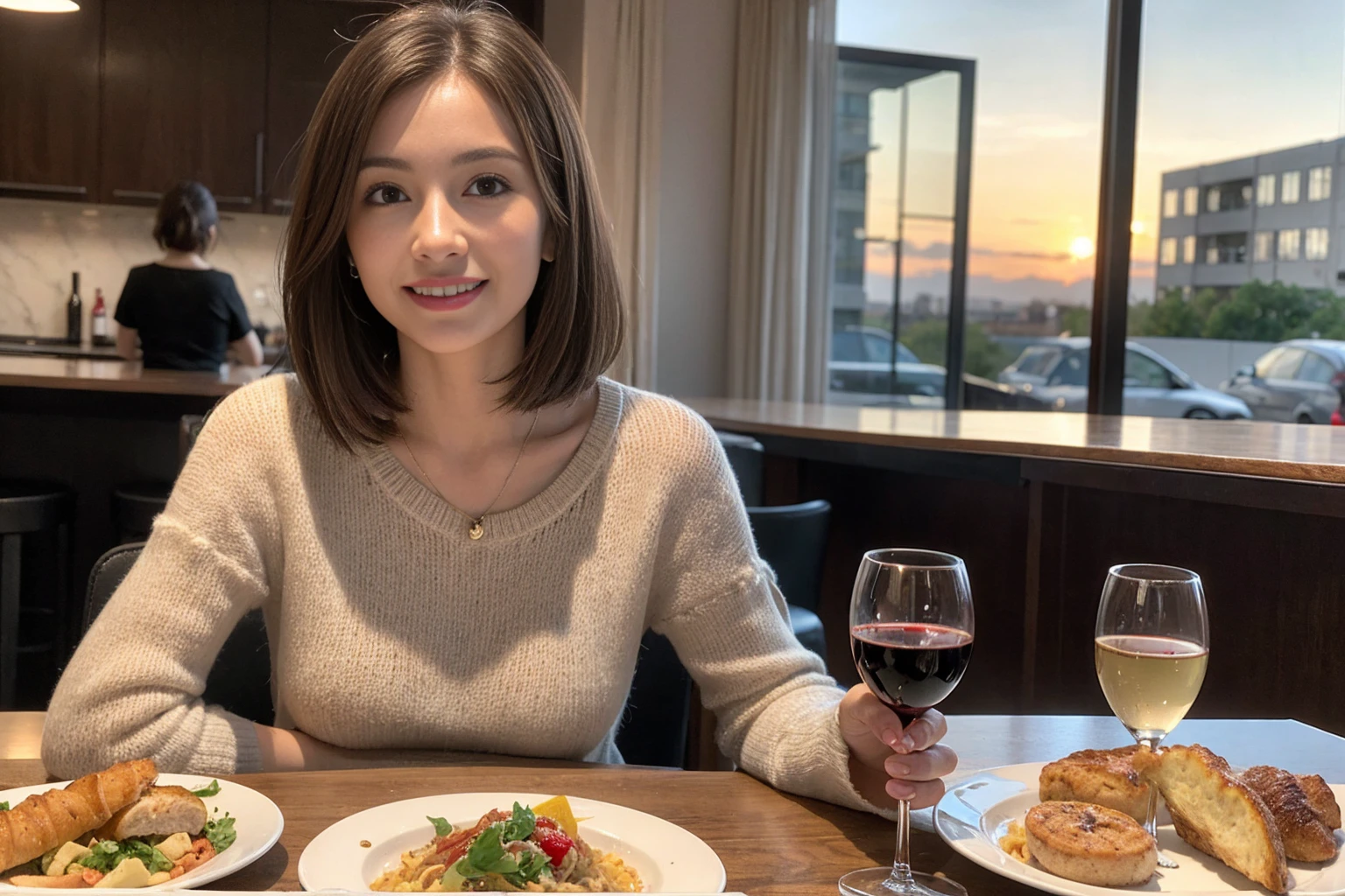 （Realistic:1.1）,(masterpiece,Highest quality)，8k,(40 years old), 42 years old, slimカップル、Model Couple、Actress/Actor、Tight waist,Upper Body,full-course dinner、wine 、Amazing view of the sunset sky and clouds、Perfect Anatomy, Brown Hair, Short Hair,Random Hairstyles,((Highly detailed face and eyes:1.2))(cute顔:1.4)，Beautiful actress face，Perfect golden ratio face，Long sleeve shirt、dress,(smile:1.2)、Shortcuts、cute、(Realistic, Intricate details:1.2), A bright smile、short hair,Bright Face、赤wine 、Appetizers、Italian food、wine bottle、Champagne、スパークリングwine、(slimな顔), (The body is slim), (Brown Hair), (Shortcuts),  Upper Body, 白wine, slim, wineグラス, 
