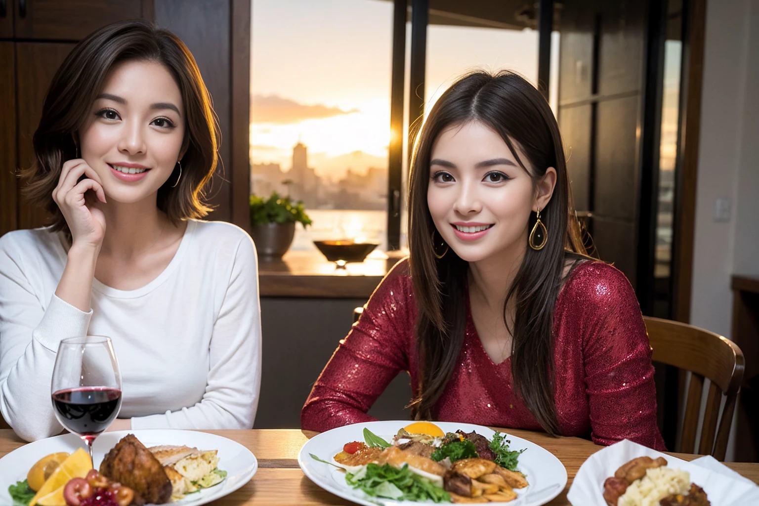 （Realistic:1.1）,(masterpiece,Highest quality)，8k,(40 years old), 42 years old, slimカップル、Model Couple、Actress/Actor、Tight waist,Upper Body,full-course dinner、wine 、Amazing view of the sunset sky and clouds、Perfect Anatomy, Brown Hair, Short Hair,Random Hairstyles,((Highly detailed face and eyes:1.2))(cute顔:1.4)，Beautiful actress face，Perfect golden ratio face，Long sleeve shirt、dress,(smile:1.2)、Shortcuts、cute、(Realistic, Intricate details:1.2), A bright smile、short hair,Bright Face、赤wine 、Appetizers、Italian food、wine bottle、Champagne、スパークリングwine、(slimな顔), (The body is slim), (Brown Hair), (Shortcuts),  Upper Body, 白wine, slim, wineグラス, 