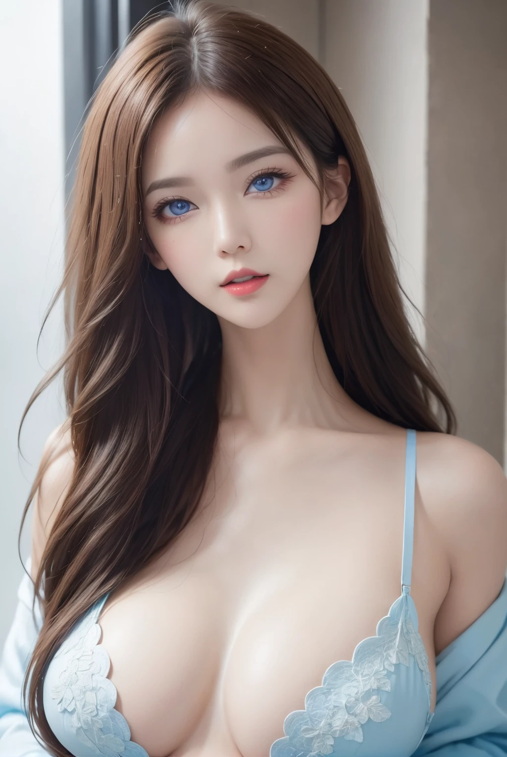 masterpiece、Highest quality、High resolution、Official artwork、Backtrack Rich,Long Hair、blue eyes、Glowing Skin、Light background、Topic Focus、Soft and natural lighting、Create a dreamy and magical atmosphere。Shower room、hair ornaments、Lee Hong、Closed lips makeup、lipstick、(Heavy makeup)、((Beautiful breasts、Small breasts))、High Leg、Wearing a micro bikini、Kneel、