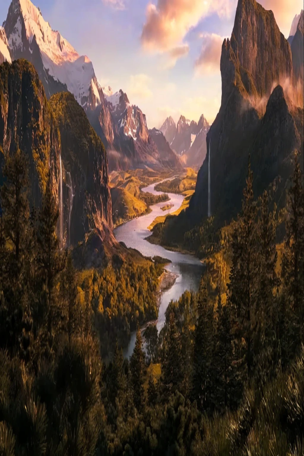 mountains and a river in the foreground with a mountain in the background, max rive, 8 k matte painting, 8k matte painting, the most beautiful landscape, epic beautiful landscape, beautiful mattepainting, majestic nature scenery, matte painting scenery, an amazing landscape image, epic cinematic matte painting, stunning matte painting, stunning nature in background, beautiful matte painting, most epic landscape