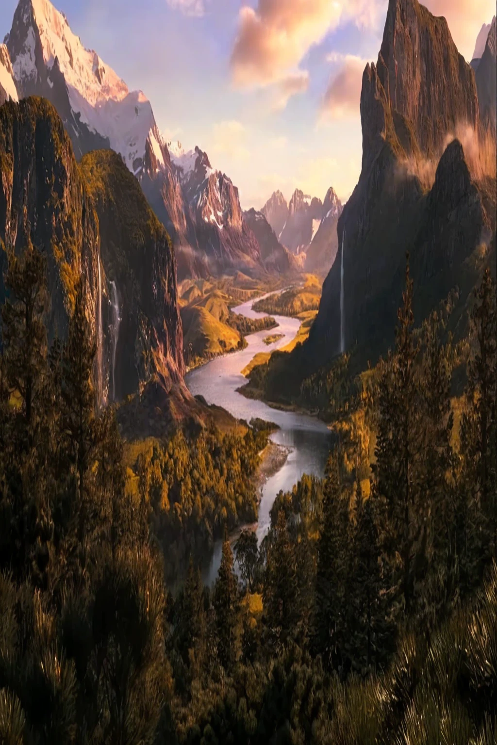 mountains and a river in the foreground with a mountain in the background, max rive, 8 k matte painting, 8k matte painting, the most beautiful landscape, epic beautiful landscape, beautiful mattepainting, majestic nature scenery, matte painting scenery, an amazing landscape image, epic cinematic matte painting, stunning matte painting, stunning nature in background, beautiful matte painting, most epic landscape