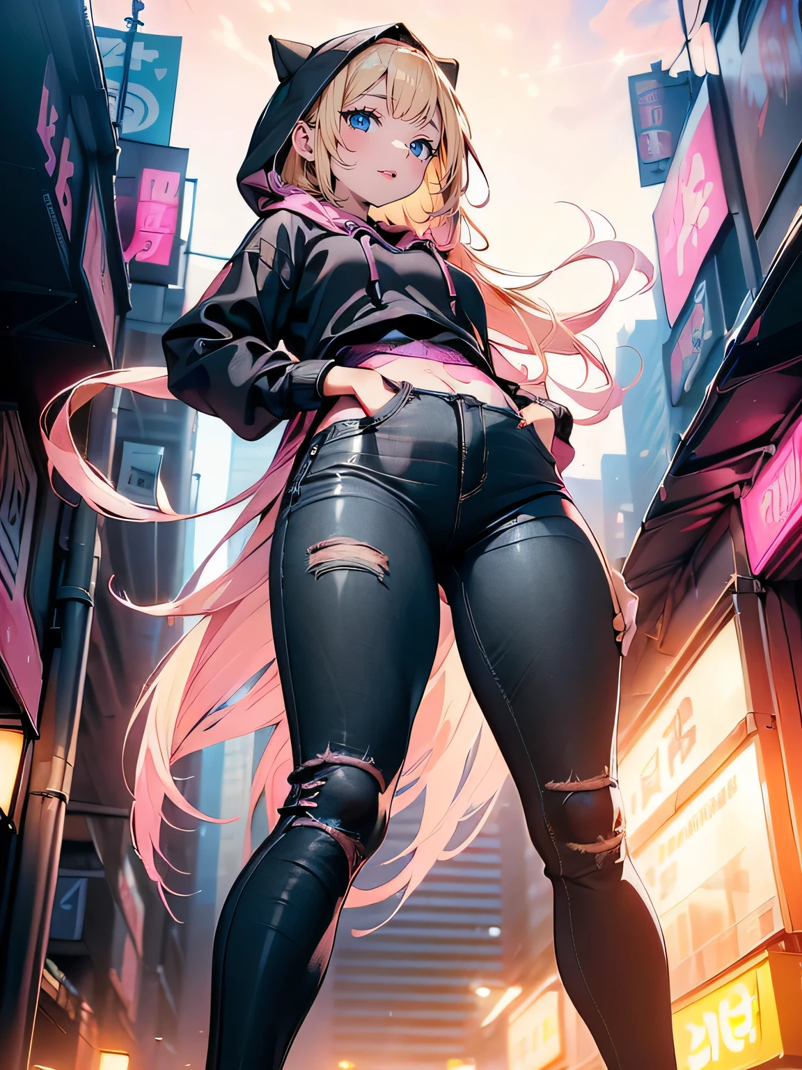 (best quality,4K,8k,high resolution,masterpiece:1.2),super detailed,(actual,realistically,realistically:1.37), Ultra high definition face, ((wearing black hoodie, skinny jeans pants, high heel):1.5), ((glossy lip)), attractive girl, (caramel skin:1.3), jaw-dropping beauty, large breasts, Thin waist and thick hips, hourglass figure, rosy cheeks, (((beautiful blonde hair with pink mesh))), ((pink mesh hair))Alluring with a smile, Bokeh, Dynamic Angle, close arms, Close-up face:1.5, whole body, ((From below:1.5)), (Correct Anatomy:1.6, Ideal body proportions, The right move:1.5, Small hands), in the tokyo city, midjourney