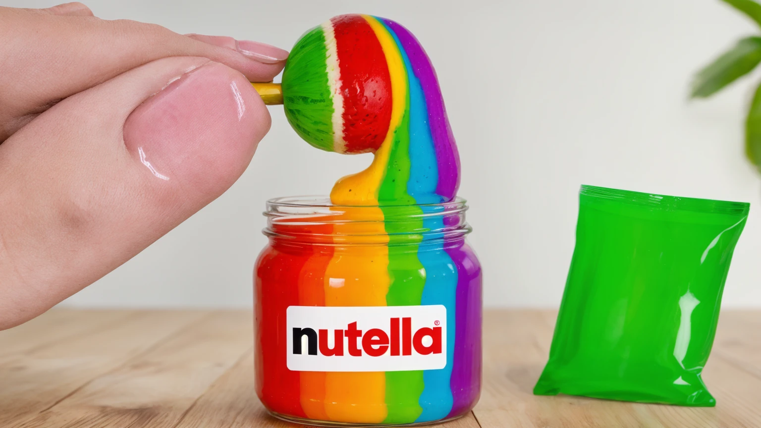 on a wooden table, there's a jar with rainbow cream inside, chupachups on a stick red white and green, Chupa Chups dipped in rainbow cream, rainbow cream stretches from a jar, There is a cellophane package for green chips on the table., beautiful lighting, Beautiful sunlight, Realistic style , realistic texture, detailed texture, a high resolution, high quality, ultra hd 4k