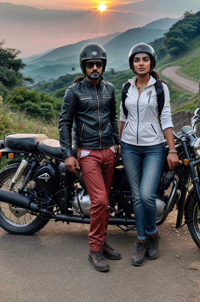 Indian girl with biker's cloth and helmet standing near royal Enfield bike on hill station with beautiful scenery like sun set