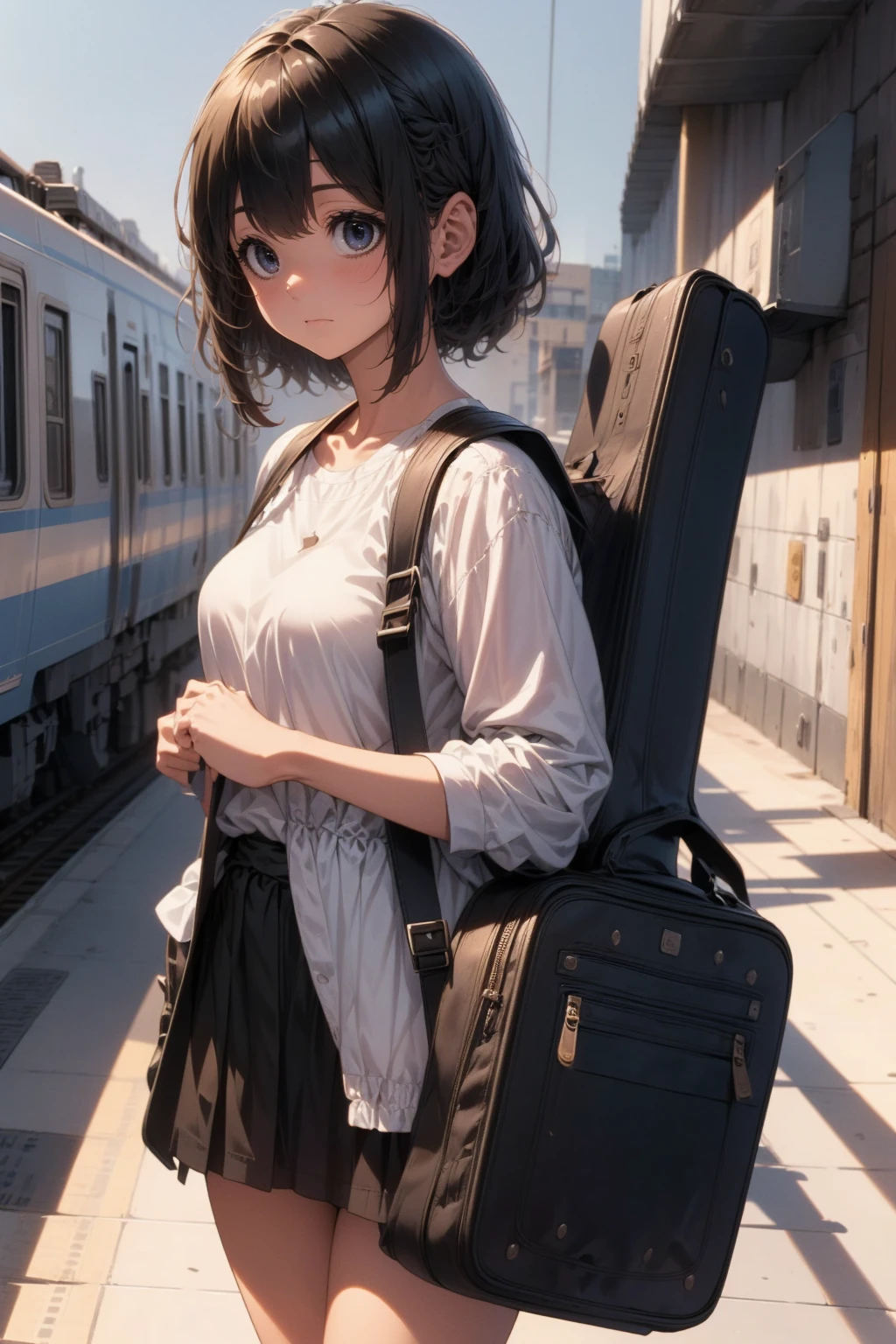 1girl,solo,cool,train platform,morning,sunshine,she has a guitar case,carrying a guitar case on behind,casual clothes,emotional,brilliant