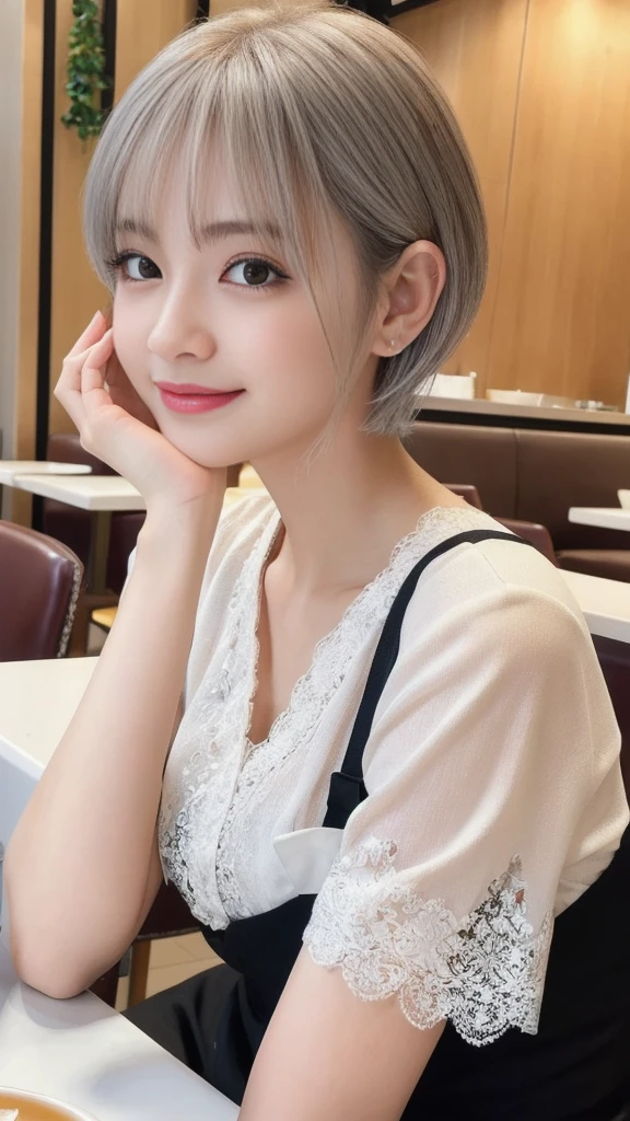 (ung ultra Cute japanese girl,short silver hair,porcelain white skin,slender figure,lacy shirt,sitting in Italian cafe,drinking black tea,beautiful detailed eyes,long eyelashes,charming dropped eyes,lovely smiling lips,extremely detailed face without makeup:2.0),best quality,4k,8k,highres,masterpiece,ultra-detailed,realistic,photorealistic,photo-realistic,HDR,UHD,studio lighting,ultra-fine painting,sharp focus,physically-based rendering,extreme detail description,professional,vivid colors,bokeh,portraits,soft pastel colors,natural lighting,cinematic composition