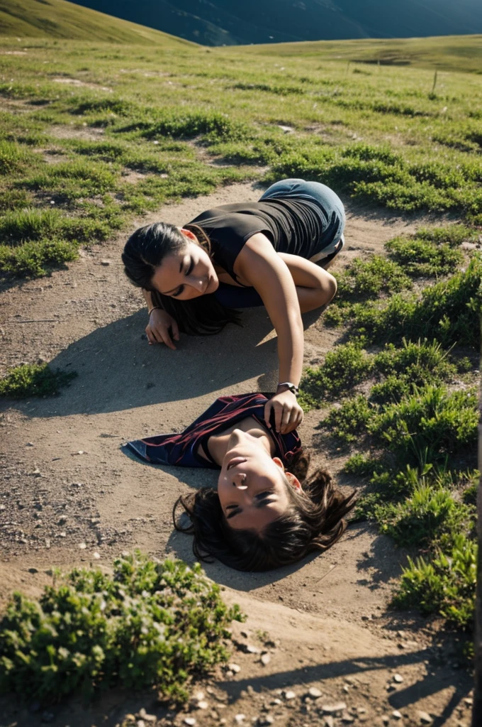 Two Beautiful white girls kissing each other's lips brutally, laying on the road naked