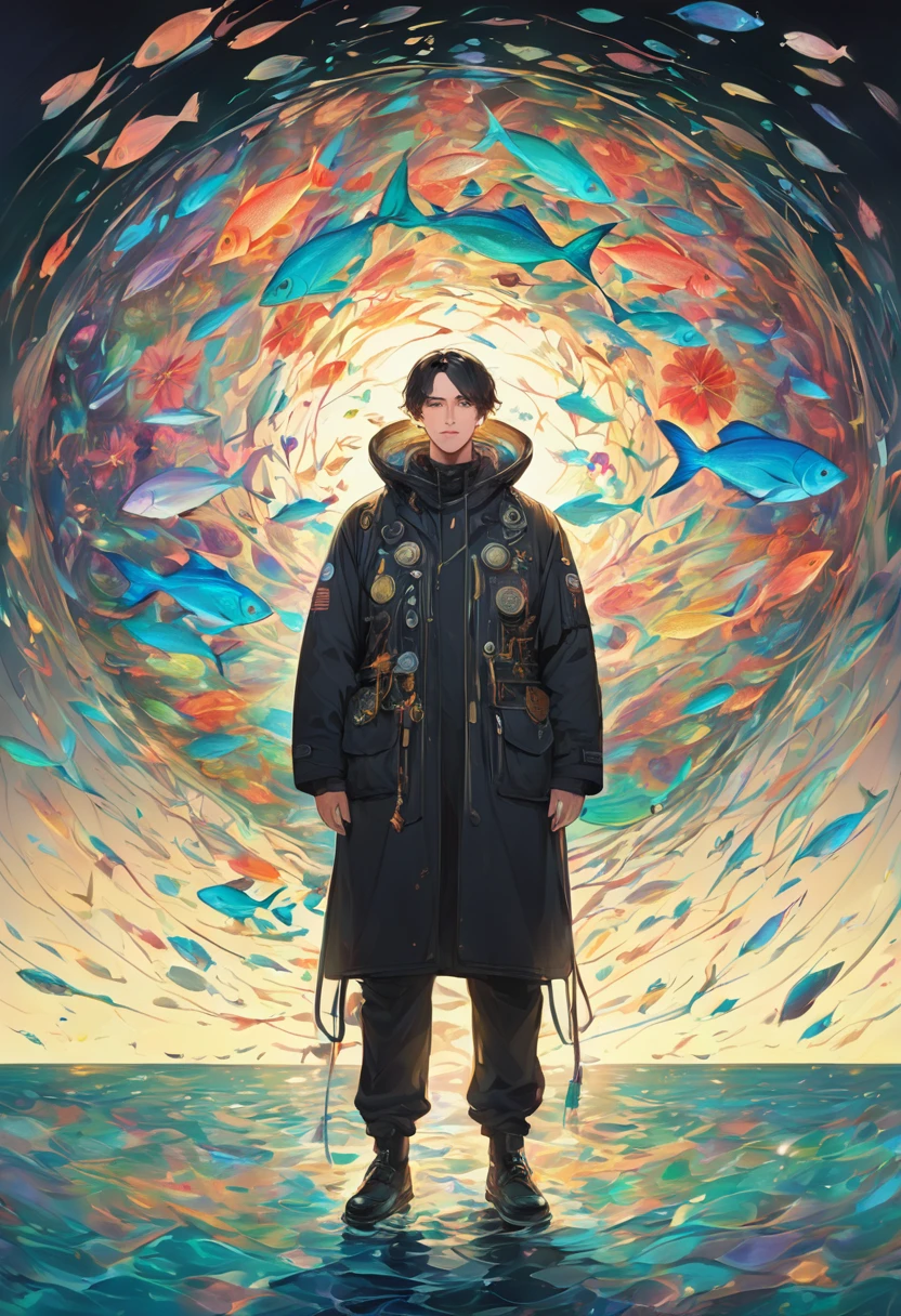 (superwide shot:1.4), Abstract steampunk deep sea, (Flower Art:1.2), Deep Sea Paintings、Darkness of the Deep Sea、formal、masterpiece、Silent Deep Sea、A small figure of a man wearing a black diving suit is depicted.、A school of small colorful fish is on the right、marginの美、margin、Faint Light Art Station Trends、Jothan Gonzalez and Rop、James Jean、Victon Gai、David Rabun、Mike Mignola、Laurie Lee、Detailing、最高masterpiece、Ultra high definition、Top Quality、Millefiori glass style、spirit of the wind、