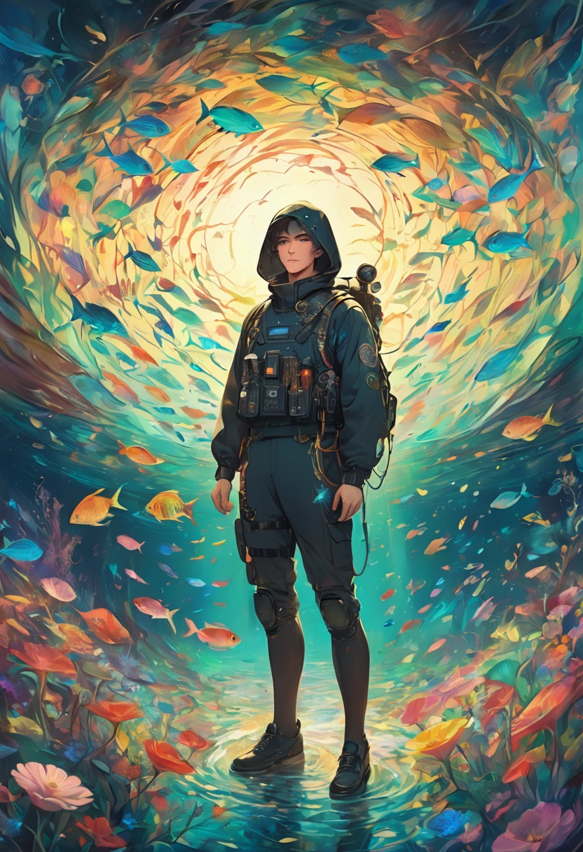 (superwide shot:1.4), Abstract steampunk deep sea, (Flower Art:1.2), Deep Sea Paintings、Darkness of the Deep Sea、formal、masterpiece、Silent Deep Sea、A small figure of a man wearing a black diving suit is depicted.、A school of small colorful fish is on the right、marginの美、margin、Faint Light Art Station Trends、Jothan Gonzalez and Rop、James Jean、Victon Gai、David Rabun、Mike Mignola、Laurie Lee、Detailing、最高masterpiece、Ultra high definition、Top Quality、Millefiori glass style、spirit of the wind、
