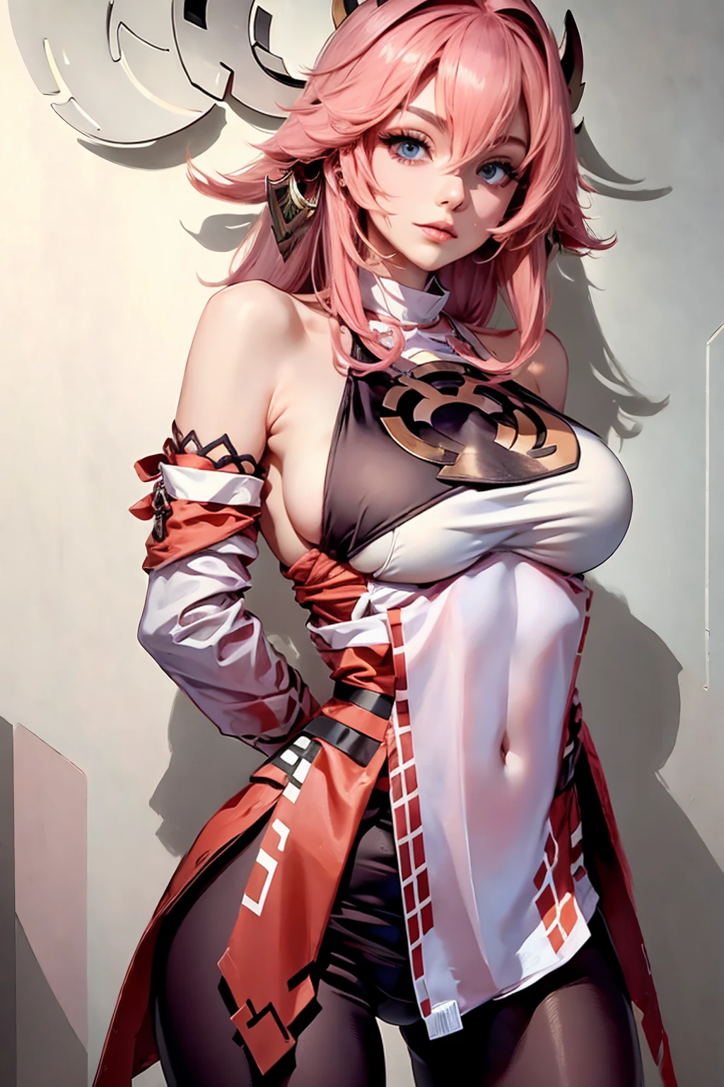 (Masterpiece, Excellent, 1girl, solo, complex details, color difference), realism, ((medium breath)), off-the-shoulders, big breasts, sexy, Yae Miko, long pink hair, red headdress, red highlight, hair above one eye, green eyes, earrings, sharp eyes, perfectly symmetrical figure, choker, neon shirt, open jacket, turtleneck sweater, against the wall, brick wall, graffiti, dim lighting, alley, looking at the audience, ((mean, seductive, charming)), ((cherry blossom background(Japanese temple background)))), (luminous background)))((Full nudity, sexy))(((Lower abdomen with succubus tattoo))))) Naked, feminine and sexy