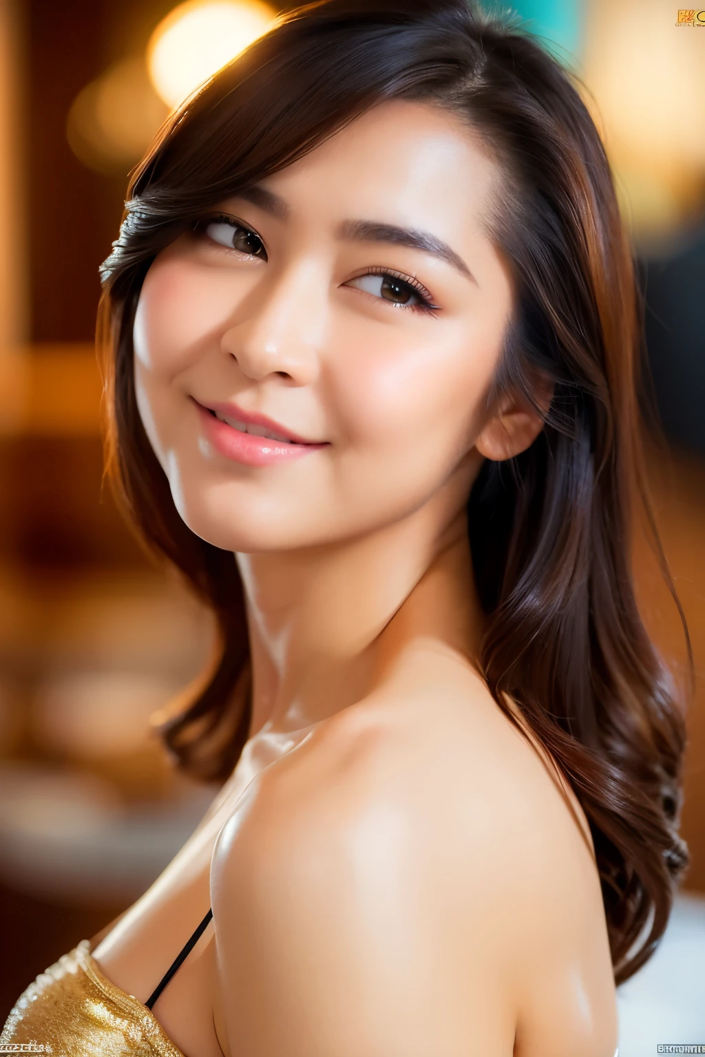 oiled body, gold bikini, looking at camera, front view, long hair, layered hair, (detailed face), at bedroom, tempting pose, potrait body, mouth closed, smiling, black eyes, 1 girl, 20yo,Young female,Beautiful Finger,Beautiful long legs,Beautiful body, Beautiful Nose,Beautiful character design, perfect eyes, perfect face,expressive eyes,perfect balance, (looking at viewer), official art,extremely detailed CG unity 8k wallpaper, perfect lighting,Colorful, Bright_Front_face_Lighting,White skin, (masterpiece:1.0),(best_quality:1.0), ultra high res,4K,ultra-detailed, photography, 8K, HDR, highres, absurdres:1.2, Kodak portra 400, film grain, bokeh:1.2, lens flare, (vibrant_color:1.2),professional photograph, (Beautiful,huge_Breasts:1.4), (beautiful_face:1.5),(narrow_waist)