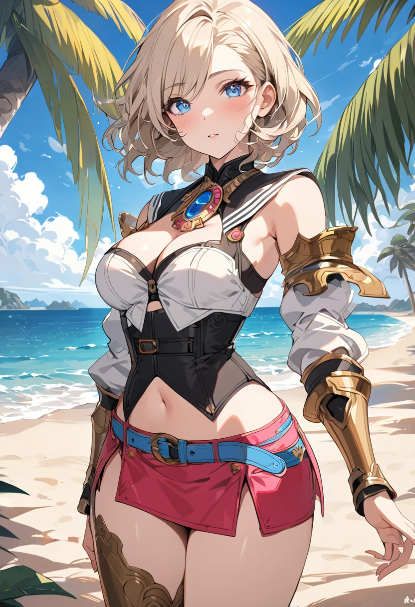 masterpiece, best quality, 8k, 4k, 1girl, ashelia final fantasy xii, Ashelia, short hair, pale blonde hair, blue eyes, white detached sailor like collar, round brooch, gold brooch with pink and blue jewel, white shirt, longer side shirt, cleavage, midriff, detached sleeves, bracer, black corset, corset under shirt, reddish pink skirt, microskirt, super tight skirt, blue belt, black high thigh with gold pattern , gold boots, slim body, looking at viewer, standing nicely, wind blowing, finely detailed eyes and detailed face, face detailed, hair detailed, clothes detailed, ((high quality)), extreme detail, beach sand, palm tree, calm water, high hills overlooking the sea, hollowed hills, inspired by Asukaziye artist : ask, art style : ask