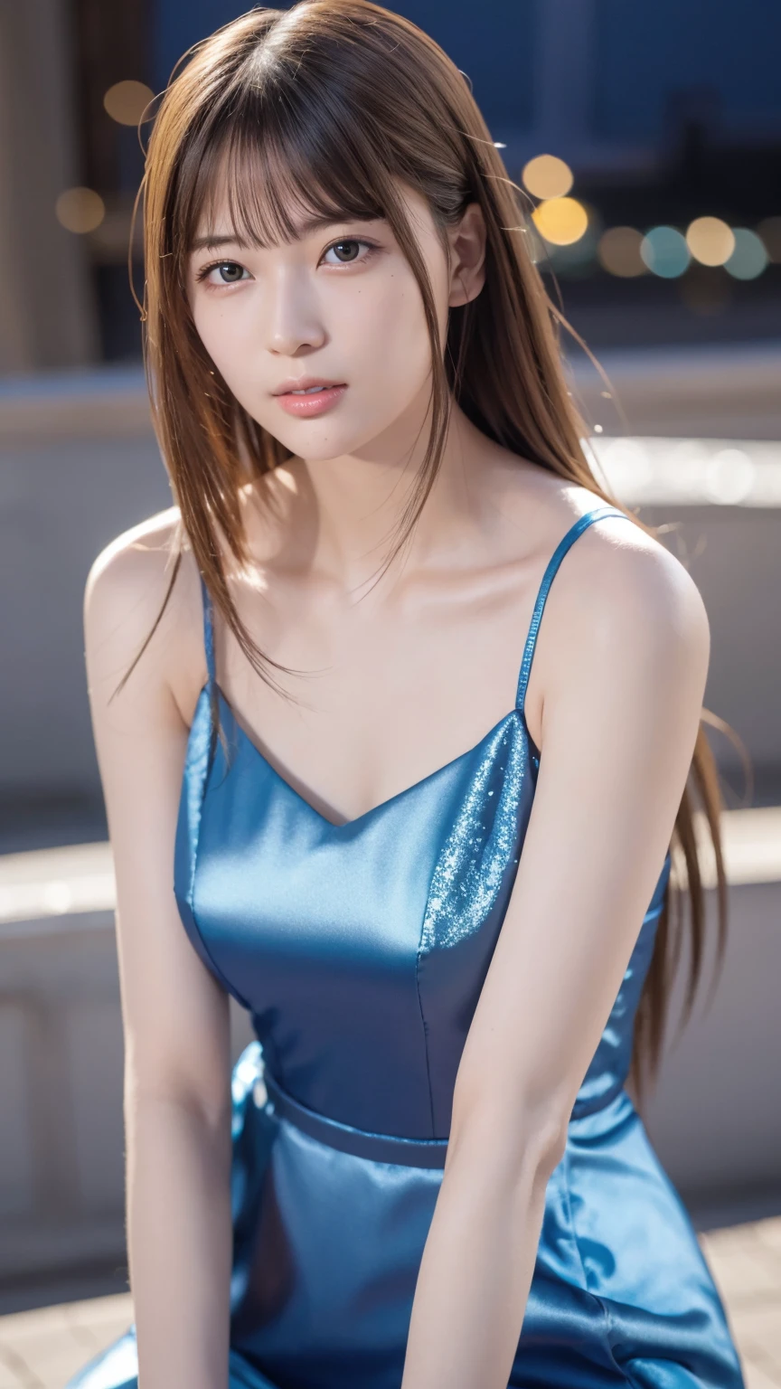 (Highly detailed CG 8k wallpaper, table top, highest quality, Super detailed), (better lighting, better shadow, very delicate and beautiful), floating, high color saturation, dynamic angle, ((1 girl)), nice, Ning Guang(Blue Orchid Evening Dress) blonde hair, black eye, very long hair, hair ornaments, bangs、smiling ice star piece, highest quality, ウルトラ - High resolution, High resolution