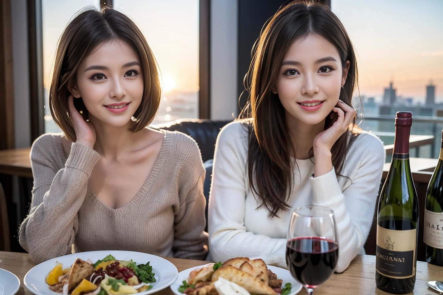 (Realistic:1.1),(masterpiece,Highest quality),8k,(40 years old), 42 years old, slimカップル、Model Couple、Actress/Actor、Tight waist,Upper Body,full-course dinner、wine 、Amazing view of the sunset sky and clouds、Perfect Anatomy, Brown Hair, Short Hair,Random Hairstyles,((Highly detailed face and eyes:1.2))(cute顔:1.4),Beautiful actress face,Perfect golden ratio face,Long sleeve shirt、dress,(smile:1.2)、Shortcuts、cute、(Realistic, Intricate details:1.2), A bright smile、short hair,Bright Face、赤wine 、Appetizers、Italian food、wine bottle、Champagne、スパークリングwine、(slimな顔), (The body is slim), (Brown Hair), (Shortcuts), Upper Body, 白wine, slim, wineグラス,