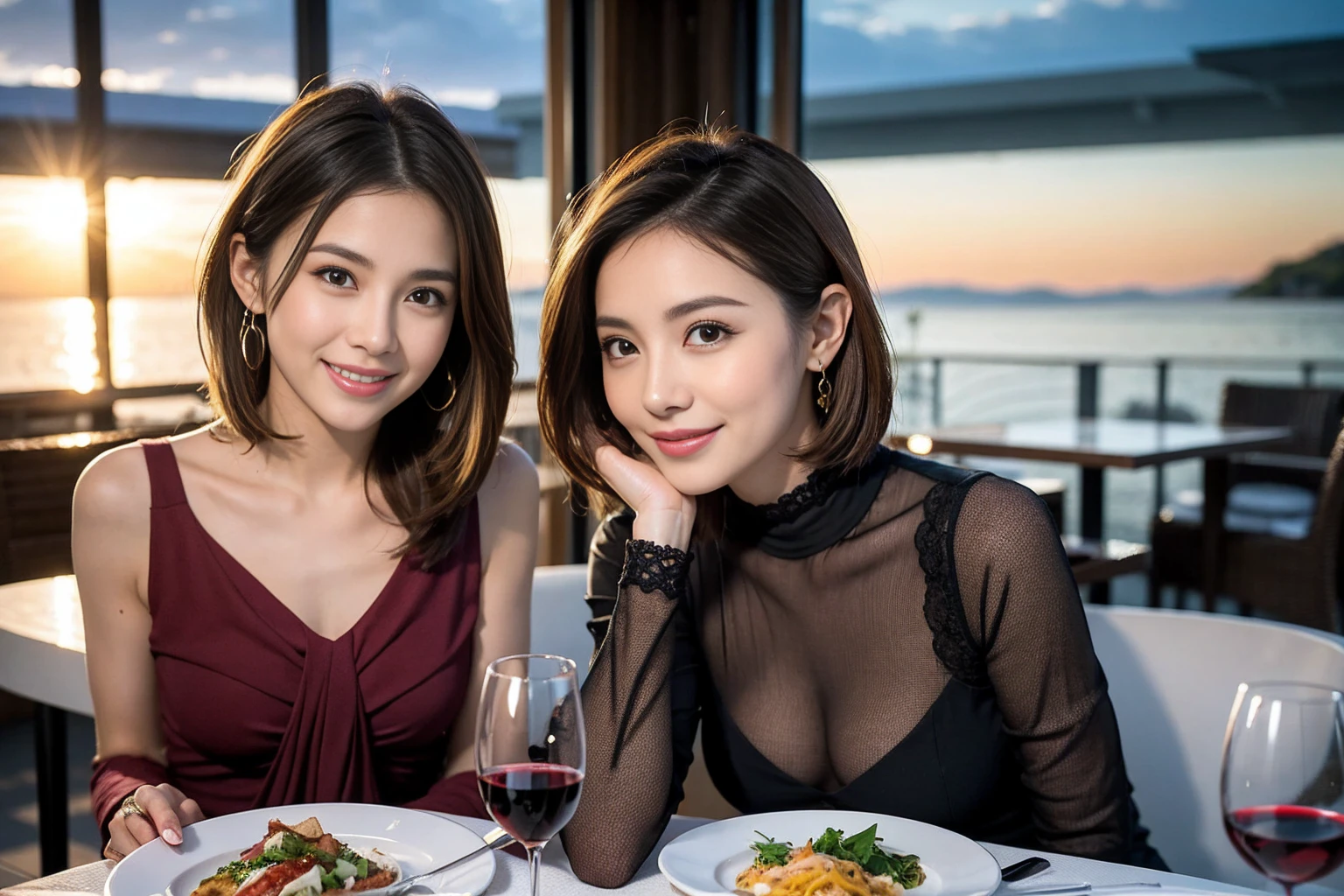 (Realistic:1.1),(masterpiece,Highest quality),8k,(40 years old), 42 years old, slimカップル、Model Couple、Actress/Actor、Tight waist,Upper Body,full-course dinner、wine 、Amazing view of the sunset sky and clouds、Perfect Anatomy, Brown Hair, Short Hair,Random Hairstyles,((Highly detailed face and eyes:1.2))(cute顔:1.4),Beautiful actress face,Perfect golden ratio face,Long sleeve shirt、dress,(smile:1.2)、Shortcuts、cute、(Realistic, Intricate details:1.2), A bright smile、short hair,Bright Face、赤wine 、Appetizers、Italian food、wine bottle、Champagne、スパークリングwine、(slimな顔), (The body is slim), (Brown Hair), (Shortcuts), Upper Body, 白wine, slim, wineグラス,