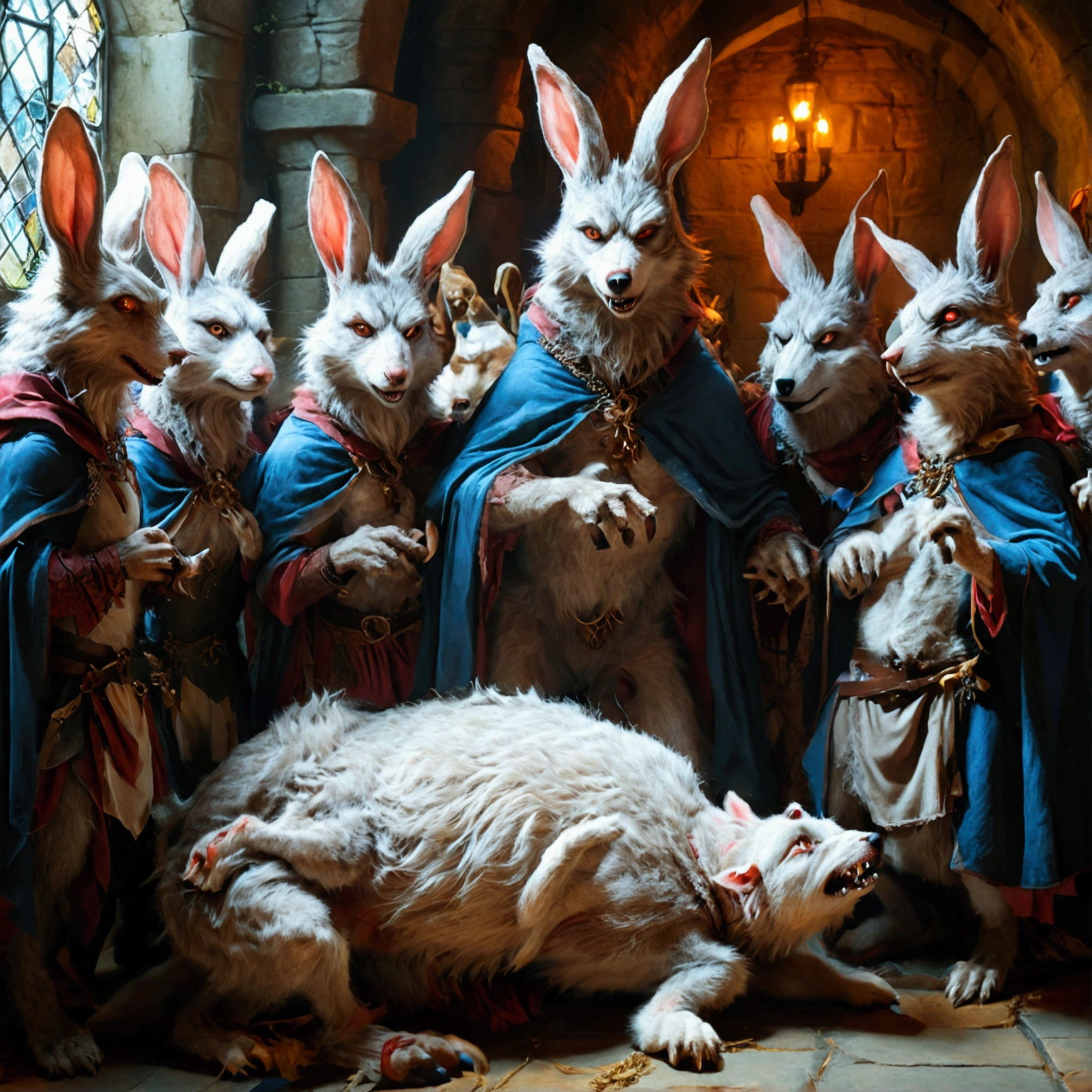 (((1 male werewolf))). Crowd of anthropomorphic female rabbits dressed as scary witches. Many female anthropomorphic rabbits are tickling a lone male anthropomorphic werewolf's belly. The werewolf is lying flat on his back spread eagle. They dance next to the large and bloated belly of a shocked werewolf who is restrained to the ground. photo realistic style. dark medieval dungeon. The anthropomorphic rabbits try to grab the werewolf's large penis and balls. Visible male genitals on the werewolf. side view. Full body shot of werewolf. Werewolf soft big belly focus. Correct anatomy. NSFW. Only the werewolf is nude.