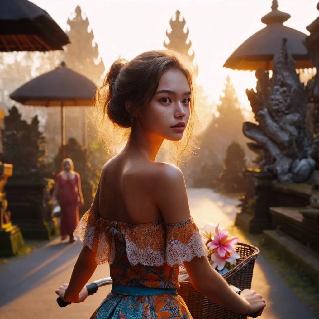 8k uh, DSLR,grain de film, Fujifilm XT3,(best quality:1.3), (head of&#39;artwork:1.1), ((Facial detail)) high resolution, cinematic light, intricate details, (Photorealistic) créer une photographie réaliste en contre-jour du paysage exotique magique sacré du temple de Bali dans la brise du matin, il y a une belle fille balinaise locale ((detail pretty face malay indonesian exotic)) portant des tissus de batik traditionnels locaux à épaule ouverte, ride an old bike