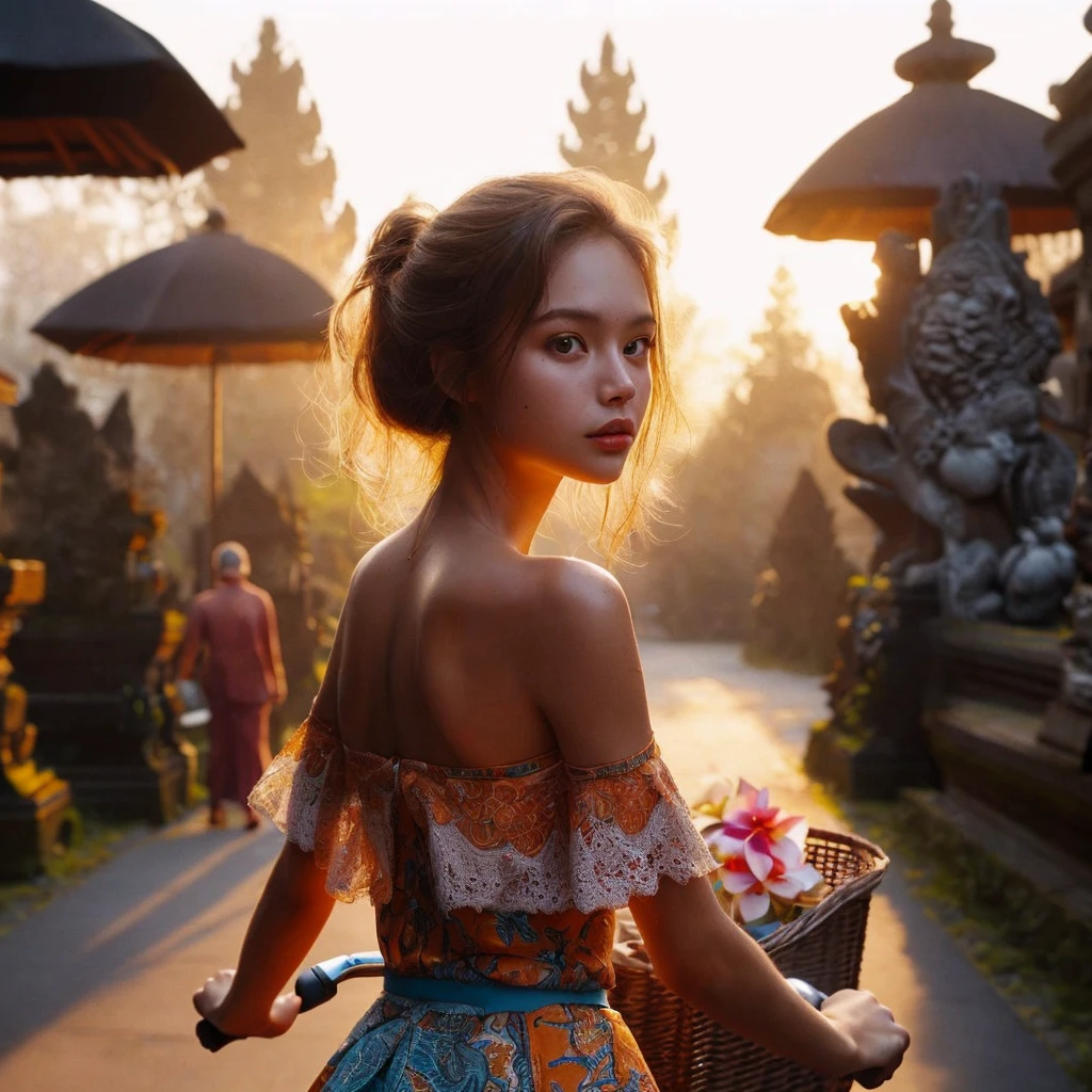 8k uh, DSLR,grain de film, Fujifilm XT3,(best quality:1.3), (head of'artwork:1.1), ((Facial detail)) high resolution, cinematic light, intricate details, (Photorealistic) créer une photographie réaliste en contre-jour du paysage exotique magique sacré du temple de Bali dans la brise du matin, il y a une belle fille balinaise locale ((detail pretty face malay indonesian exotic)) portant des tissus de batik traditionnels locaux à épaule ouverte, ride an old bike