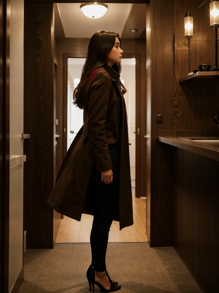 girl in profile in a brown long coat, black leggings and black heels
