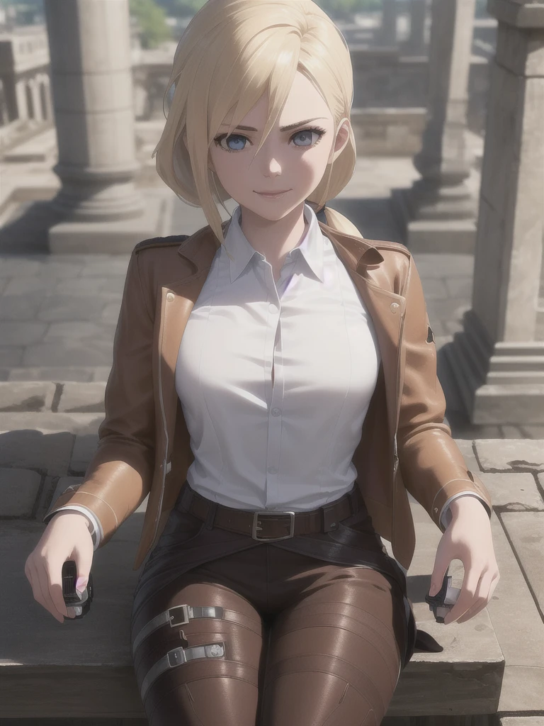 masterpiece, Highest quality, High resolution, Castle ruins, Day, sunny, Serious expression, One girl, alone, View your viewers, smile, Sit on the ground, history, Krista Lentz, Blonde, blue eyes, Hair between the eyes, short hair, ponytail, Official Art, Jacket, brown Jacket, Symbolism, belt, Thigh straps, pants, white pants, boots, shirt, white shirt, collared shirt,, unity 8k wallpaper, (figure:0.8), (Beautiful attention to detail:1.6), Highly detailed face, Highly detailed CG, (3D Face:1.1), (Shiny skin:1.5), (超High resolution intricate face details), (Facial skin pores:1.3), 超High resolution cloth texture, (Canon EOS-1D X Mark III camera for outstanding detail:1.2), (Combined with Canon EF24-70mm f/2.8L II USM Lens:1.2)