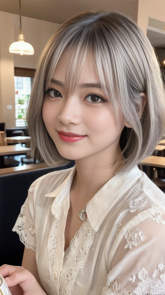 (ung ultra Cute japanese girl,short silver hair,porcelain white skin,slender figure,lacy shirt,sitting in Italian cafe,drinking black tea,beautiful detailed eyes,long eyelashes,charming dropped eyes,lovely smiling lips,extremely detailed face without makeup:2.0),best quality,4k,8k,highres,masterpiece,ultra-detailed,realistic,photorealistic,photo-realistic,HDR,UHD,studio lighting,ultra-fine painting,sharp focus,physically-based rendering,extreme detail description,professional,vivid colors,bokeh,portraits,soft pastel colors,natural lighting,cinematic composition