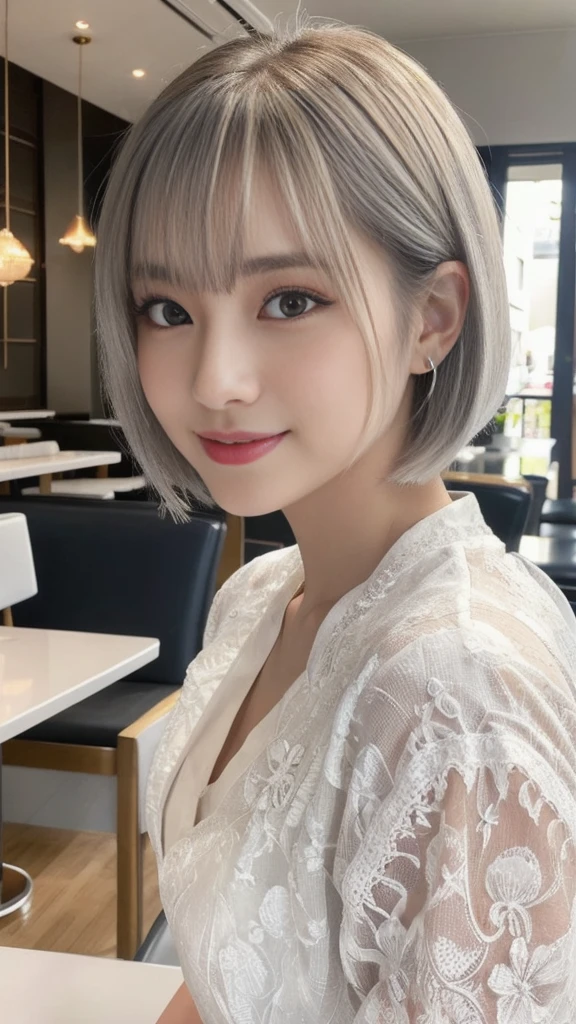 (1 young ultra Cute japanese girl,short silver hair,porcelain white skin,slender figure,lacy shirt,sitting in Italian cafe,drinking black tea,beautiful detailed eyes,long eyelashes,charming dropped eyes,lovely smiling lips,extremely detailed face without makeup:2.0),best quality,4k,8k,highres,masterpiece,ultra-detailed,realistic,photorealistic,photo-realistic,HDR,UHD,studio lighting,ultra-fine painting,sharp focus,physically-based rendering,extreme detail description,professional,vivid colors,bokeh,portraits,soft pastel colors,natural lighting,cinematic composition
