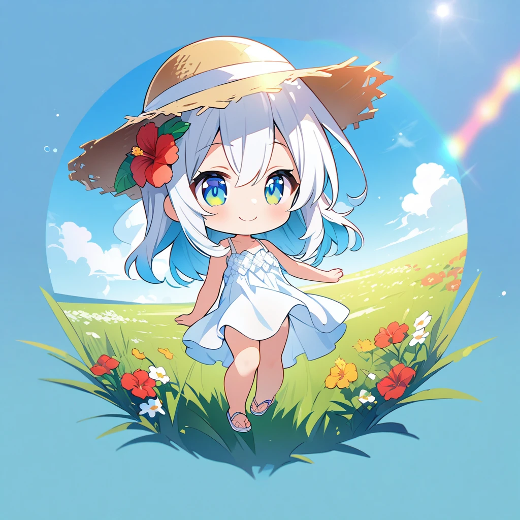 masterpiece, best quality, 4k、2D illustration, one beautiful girl, solo、(((chibi style)))、((vivid colors))、cute chibi, lovely chibi、((colorful))、((long beautiful hair)), glossy white hair, hair between eyes, cute, beautifully detailed eyes、((white summer dress))、((straw hat))、hibiscus hair ornament, flip-flops, ((happy smile))、((full body shot))、((summer grasslands))、((gentle breeze))、((blue sky))、sunbeam, white light, ((lens flare)), ((high color saturation)), 