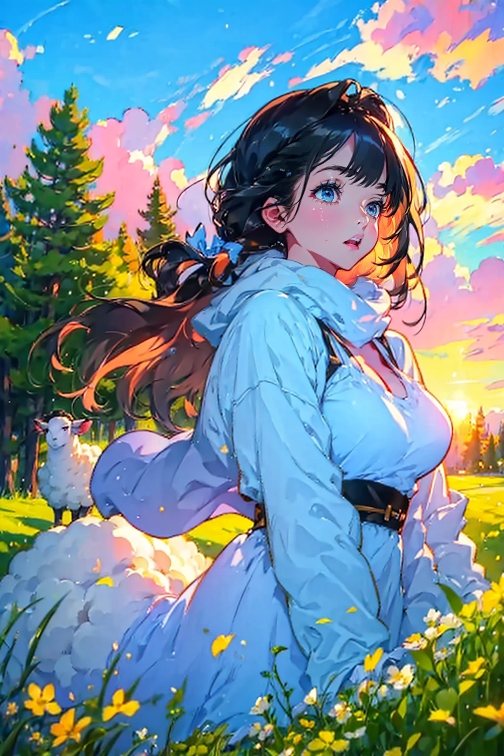 1girl,solo,cute,big breast,cleavage,fluffy clothes,like a sheep girl,outdoor,sunrise