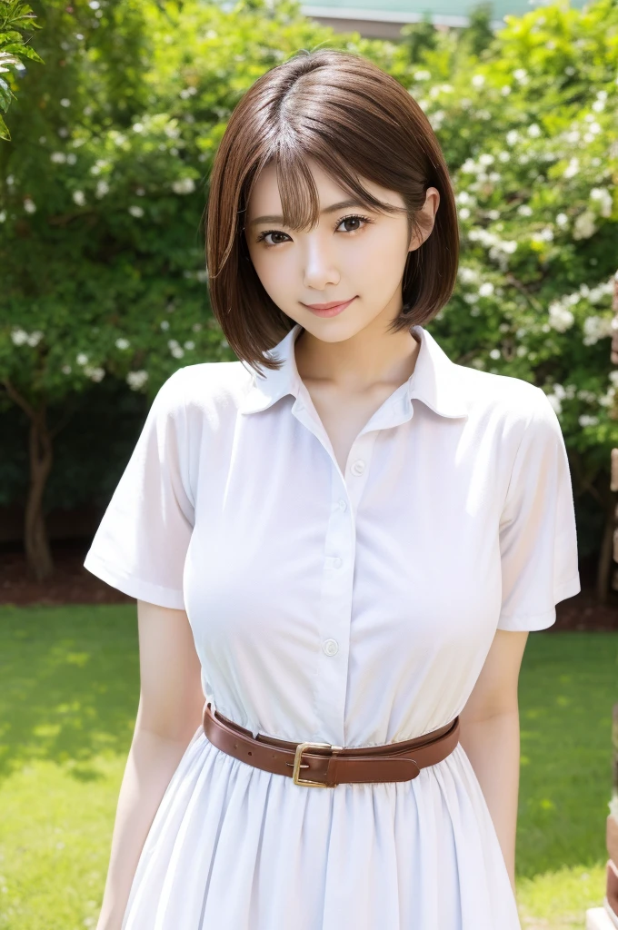 1girl, maitsubasa_jav, breasts, short hair,  brown eyes,
wearing collared white dress, belt, jewelry, outdoors,
detailed body, attractive body, perfect human body, upper body,
looking at viewer, shot using canon DSLR,
(ultimate quality, masterpiece, highres:1.0), realistic:1.8, photorealistic,   