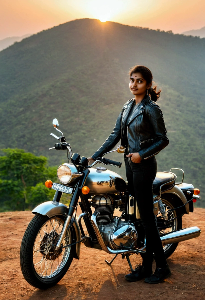 Indian girl with biker's cloth and helmet standing near royal Enfield bike on hill station with beautiful scenery like sun set