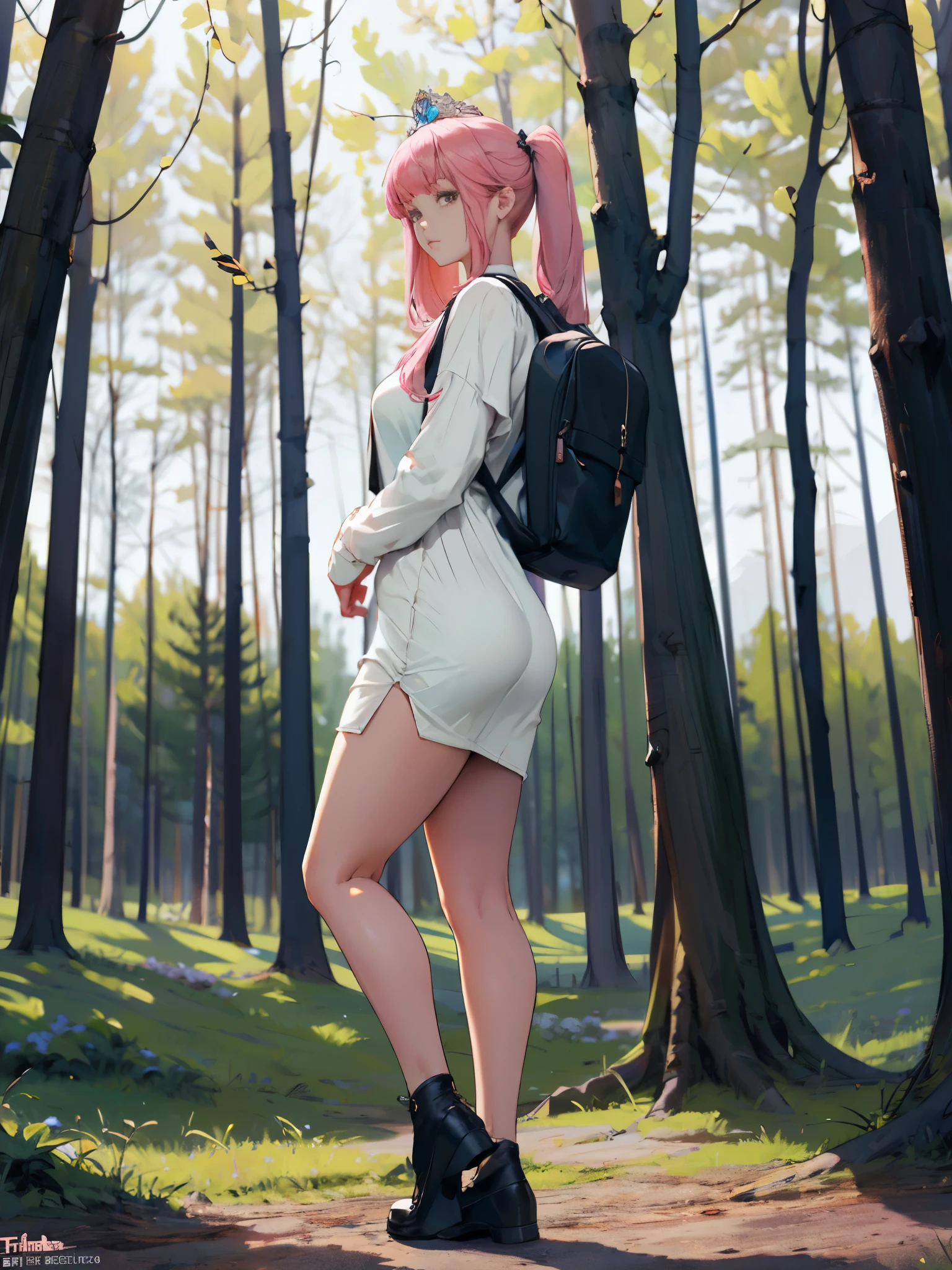 1girl, full body, from side, untucked long sleeve t-shirt dress, wearing backpack, bob hair, bangs, inside forest, sunlight, withering tree, detailed face, looking at viewer, shoes, thick thighs, legs, (standing alone), (absurdres, high resolution), (best quality art:1.2), (illustration, realistic), super details, dramatic light, white thigh high, hair ornament, tiara, pink hair, twintails, street, gigantic breasts,