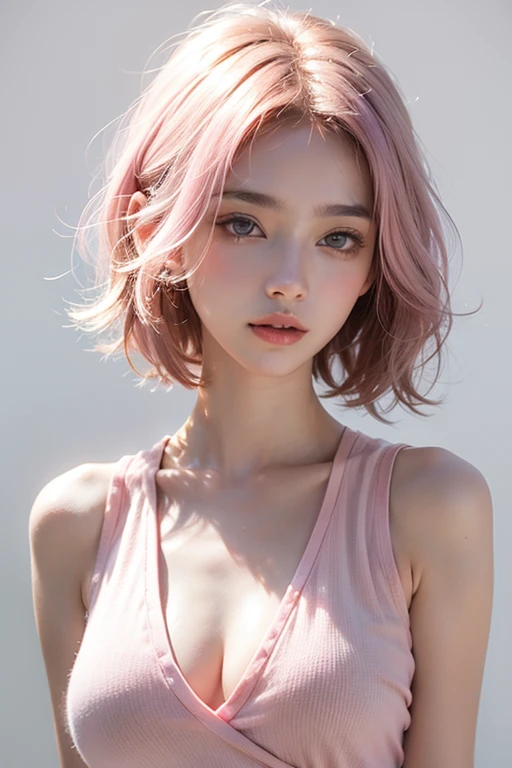 young woman, short shoulder-length pink hair, wide forehead, porcelain skin, pink eyebrows, big emerald green eyes, buttoned nose, full lips, heart-shaped face, slender body, small breasts, red tank top, Sakura Haruno , realistic, realism, details, 3d, well detailed