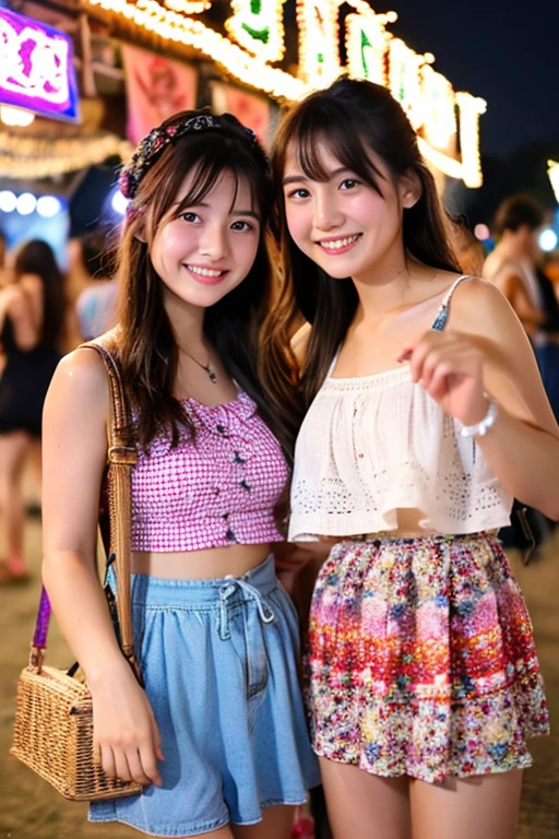 ((Highest quality)), ((masterpiece)), (detailed), Two Girls, Summer clothes、,smile 、stall、Summer festival、night market、be happy、looks happy、20th Generation