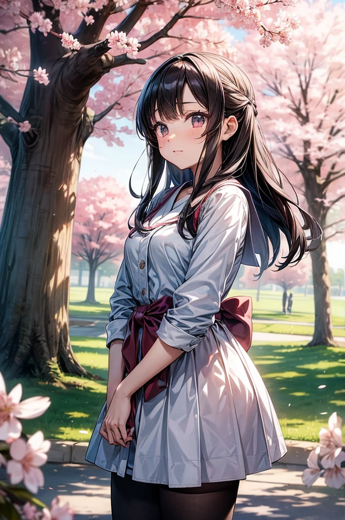 An anime girl warking in the park surround with cherry blossom