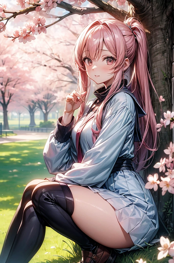 An anime girl warking in the park surround with cherry blossom