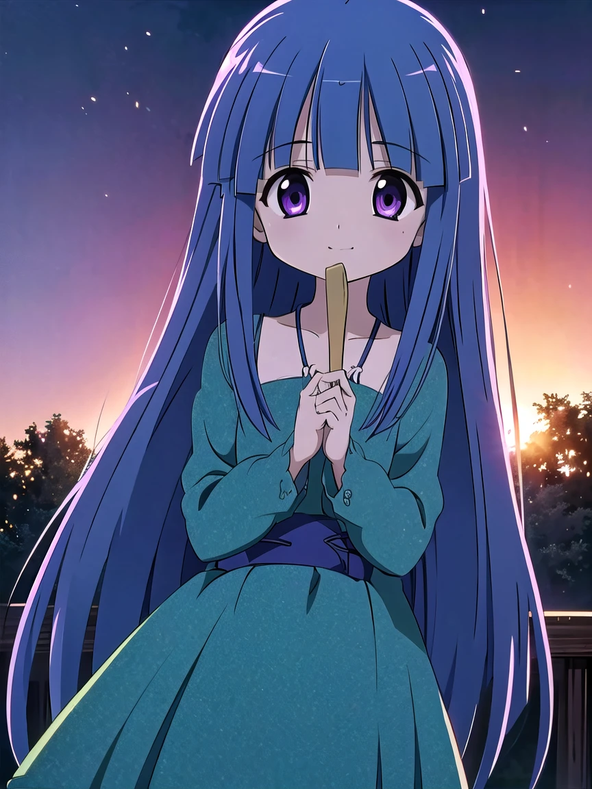 ((masterpiece, best quality)),high resolution,ultra detailed,8k,16k,detailed background, perfect lighting, 1girl,solo,look at viewer,furude rika,blue hair,purple eyes,very long hair,blunt bangs,green dress,cluster amaryllis,forrest,