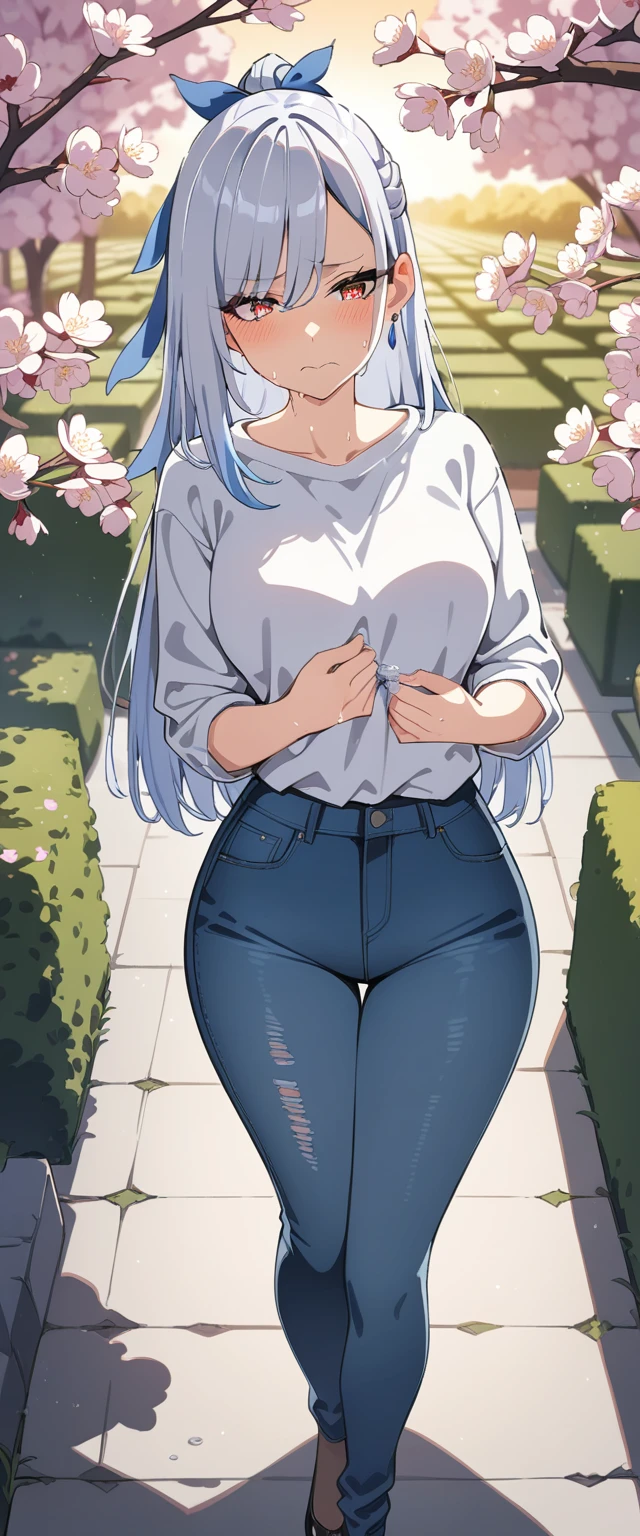 (masterpiece:1.37), best quality, (extremely detailed:1.37), (1girl:1.5), woman, (mature:1.5), (adult:1.5), jingliu, white hair, long hair, ponytail, hair ribbon, red eyes, earrings, jewelry, (jeans:1.25), (extremely detailed eyes:1.37), (wetting self:2.0), desperation, (standing:1.5), embarrassed, humiliation, blushing, angry, cherry blossoms, garden, (golden hour:1.5), full body, (crossing legs:1.5), from above