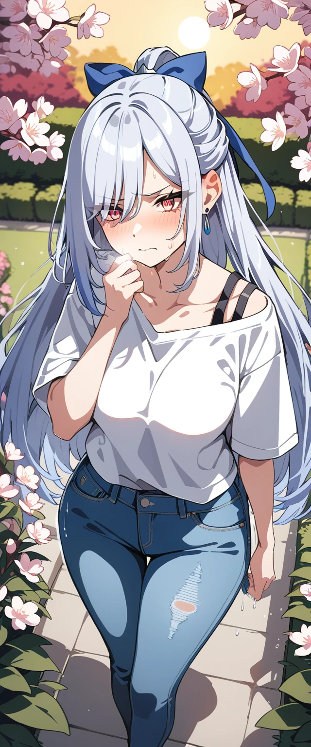(masterpiece:1.37), best quality, (extremely detailed:1.37), (1girl:1.5), woman, (mature:1.5), (adult:1.5), jingliu, white hair, long hair, ponytail, hair ribbon, red eyes, earrings, jewelry, (jeans:1.25), (extremely detailed eyes:1.37), (wetting self:2.0), desperation, (standing:1.5), embarrassed, humiliation, blushing, angry, cherry blossoms, garden, (golden hour:1.5), full body, (crossing legs:1.5), from above