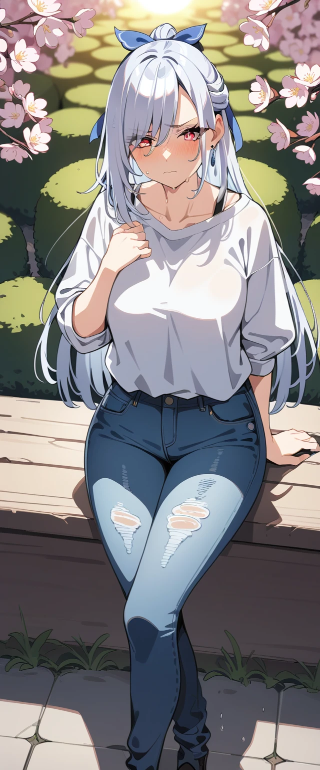 (masterpiece:1.37), best quality, (extremely detailed:1.37), (1girl:1.5), woman, (mature:1.5), (adult:1.5), jingliu, white hair, long hair, ponytail, hair ribbon, red eyes, earrings, jewelry, (jeans:1.25), (extremely detailed eyes:1.37), (wetting self:2.0), desperation, (standing:1.5), embarrassed, humiliation, blushing, angry, cherry blossoms, garden, (golden hour:1.5), full body, (crossing legs:1.5), from above