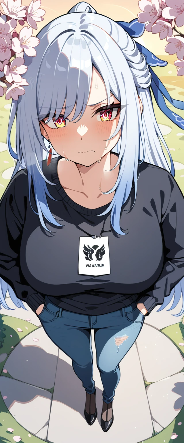 (masterpiece:1.37), best quality, (extremely detailed:1.37), (1girl:1.5), woman, (mature:1.5), (adult:1.5), jingliu, white hair, long hair, ponytail, hair ribbon, red eyes, earrings, jewelry, (jeans:1.25), (extremely detailed eyes:1.37), (wetting self:2.0), desperation, (standing:1.5), embarrassed, humiliation, blushing, angry, cherry blossoms, garden, (golden hour:1.5), full body, (crossing legs:1.5), from above