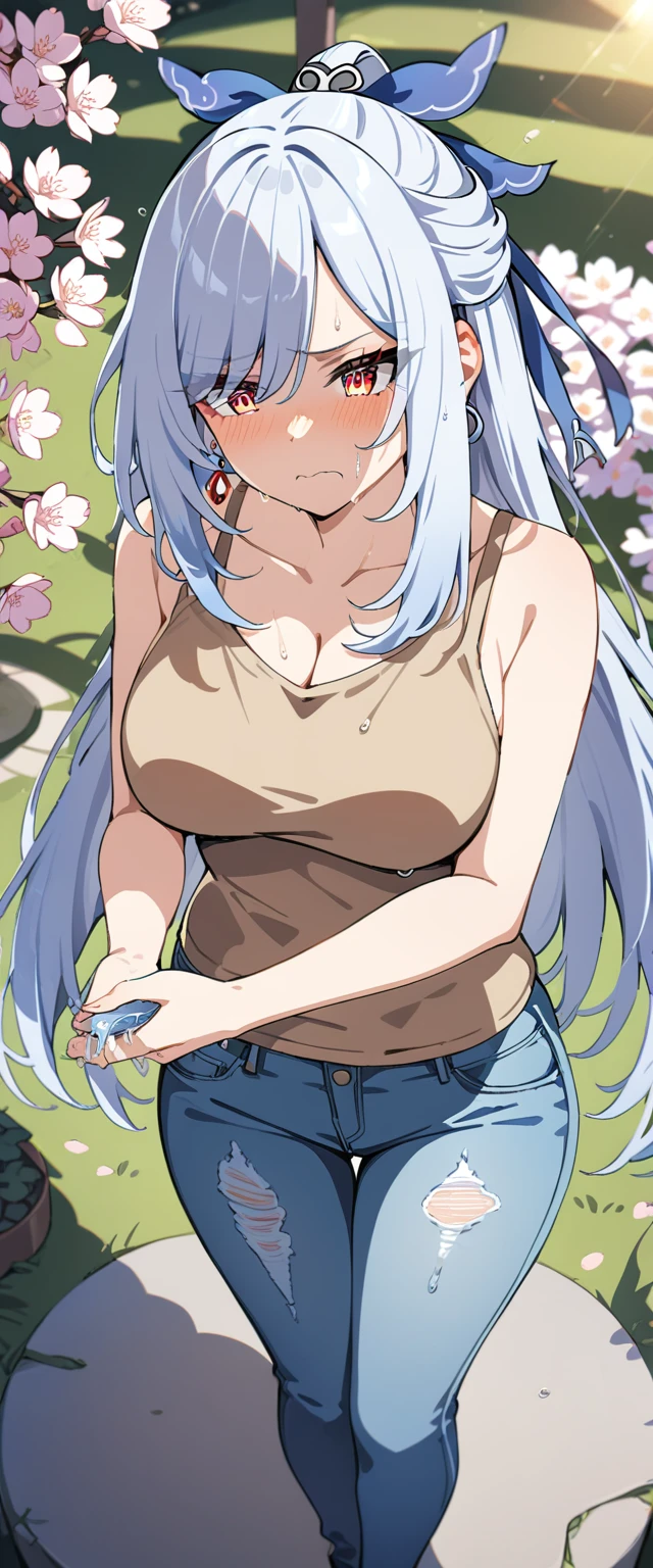 (masterpiece:1.37), best quality, (extremely detailed:1.37), (1girl:1.5), woman, (mature:1.5), (adult:1.5), jingliu, white hair, long hair, ponytail, hair ribbon, red eyes, earrings, jewelry, (jeans:1.25), (extremely detailed eyes:1.37), (wetting self:2.0), desperation, (standing:1.5), embarrassed, humiliation, blushing, angry, cherry blossoms, garden, (golden hour:1.5), full body, (crossing legs:1.5), from above